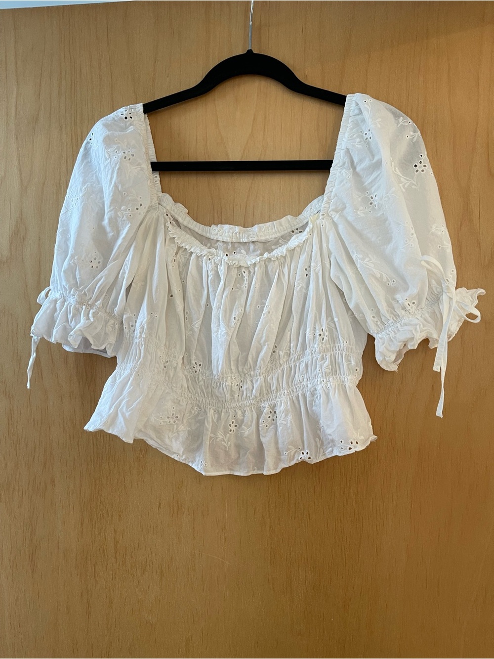 Reformation White Eyelet Puff-Sleeve Peasant Blouse